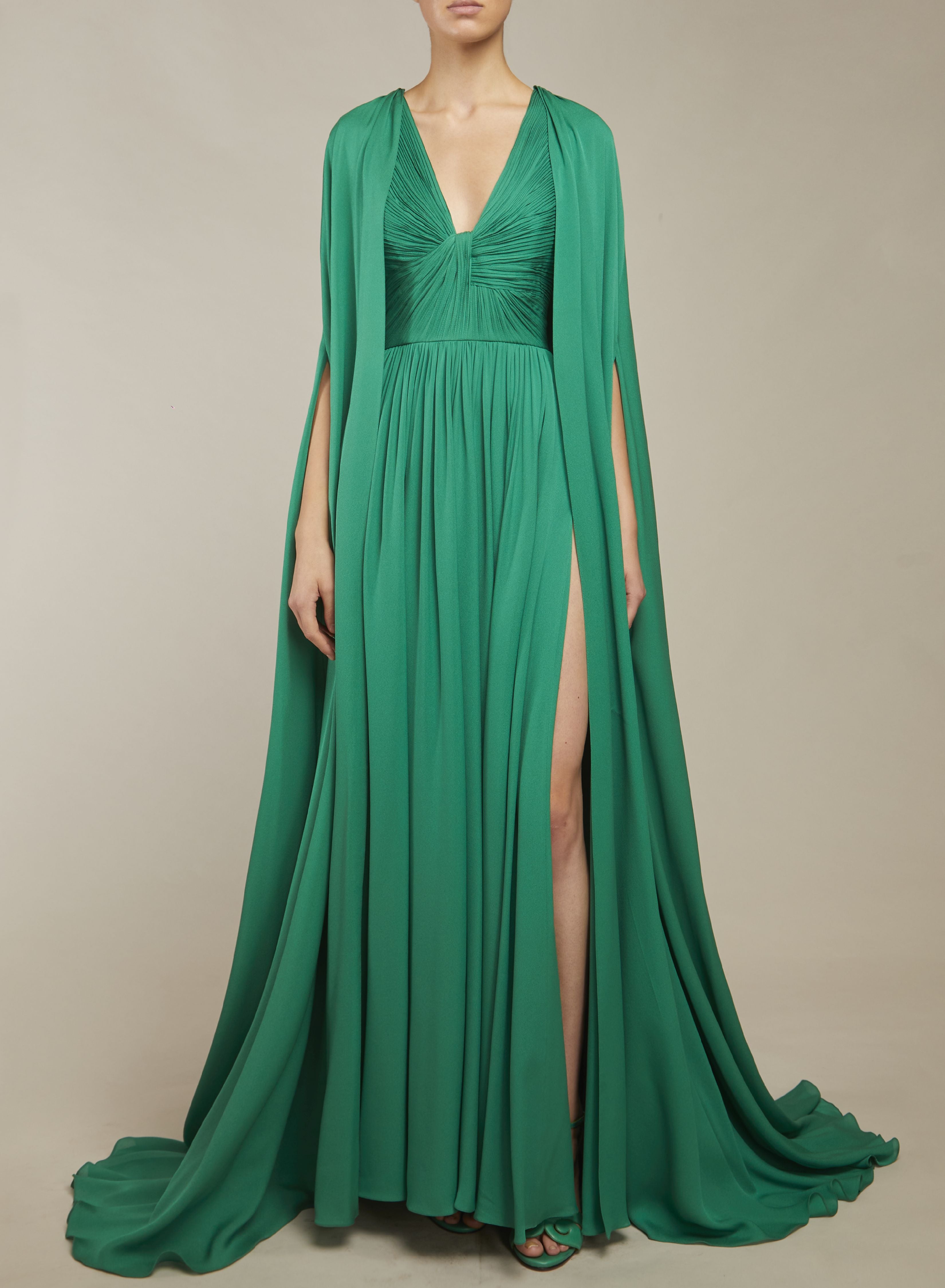 GREEN SILK DRESS WITH SIDE SLIT – ELIE SAAB